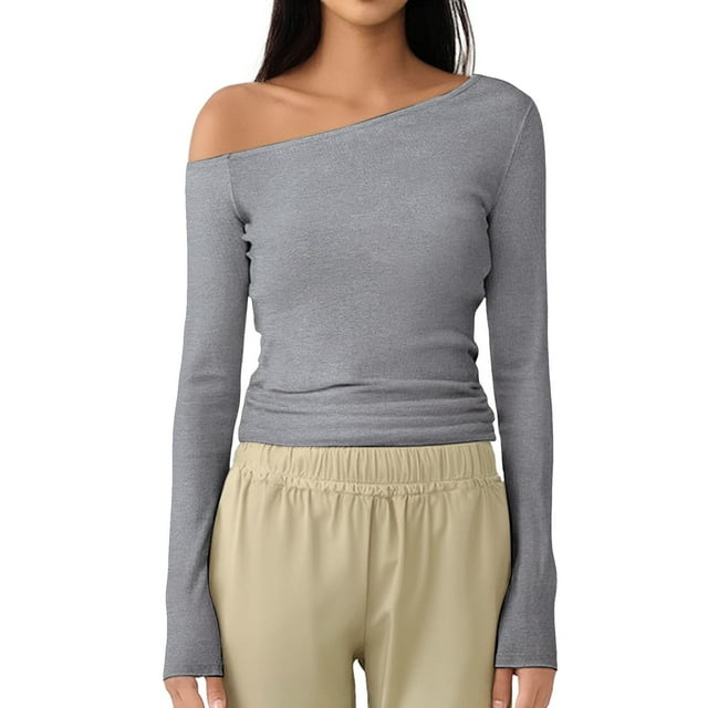 NINGMENG Womens Tops Solid Color Off The Shoulder Long Sleeve Tight Fitted Tops Pullover T Shirts Outwear,Gray,M