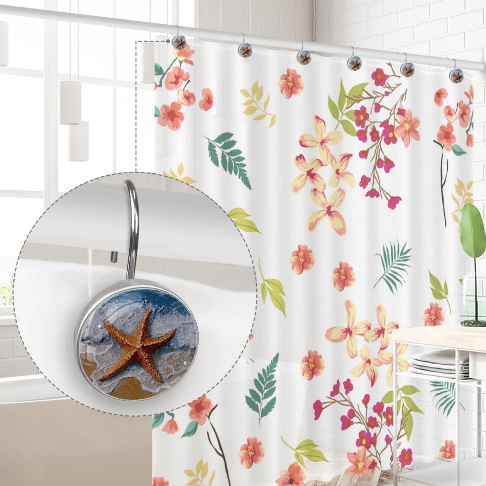 Starfish Beach Painting Shower Curtain Hooks Round Crystal Glass, Set of 12 Shower Curtain Rings - Shower Hooks for Curtain Shower Rings