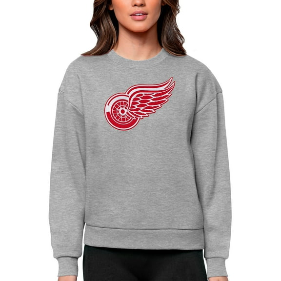 Women's Antigua Heather Gray Detroit Red Wings Primary Logo Team Logo Victory Crewneck Pullover Sweatshirt
