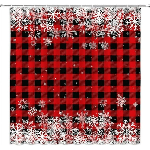 Merry Christmas Shower Curtain Snowflake Red Black Buffalo Check Plaid Farmhouse Winter Holiday Happy New Year Fabric Bathroom Decor Curtain Sets with Hooks,Red Black White