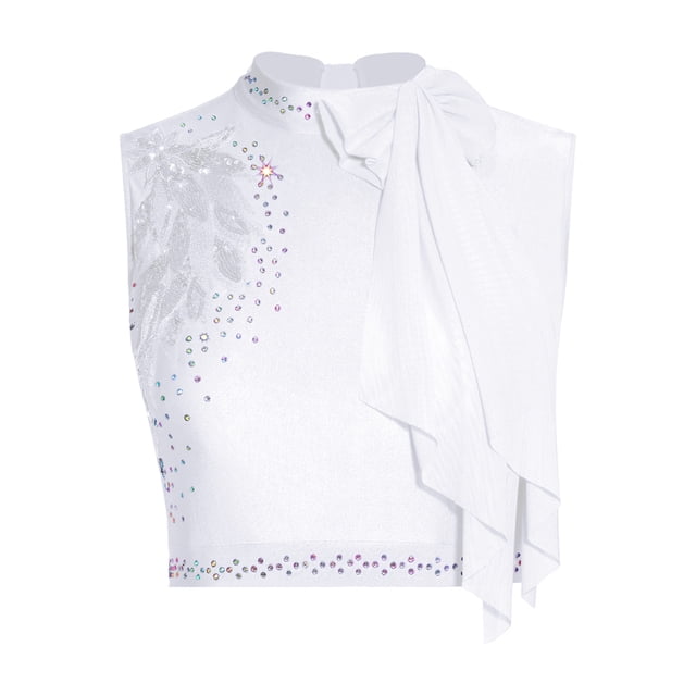 dPois Women's Lyrical Dance Crop Top Shiny Rhinestone Sleeveless Exquisite Embroidery Stage Performance Vest White L