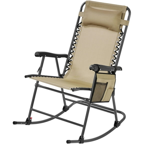 Zero Gravity Rocking Chair 26in Outdoor Foldable Recliner Lounge Chair with Ergonomic Pillow Cup Holder for Patio Beach Camping, Beige