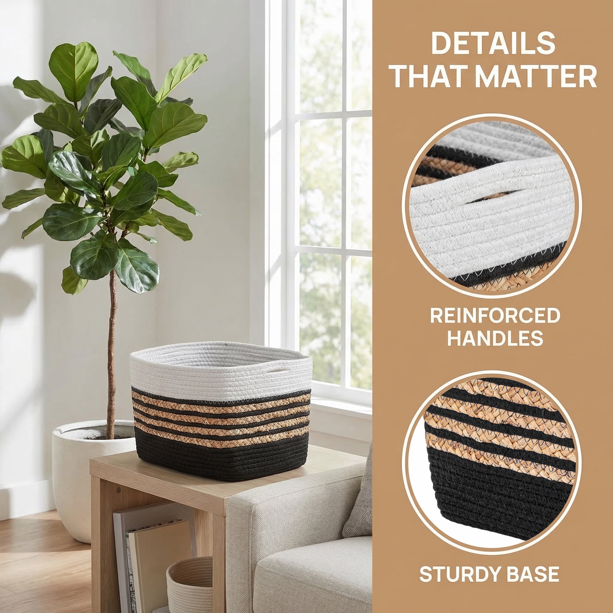 Unique Bargains Woven Storage Basket Storage Bin Black White 15*9.8*9.1in