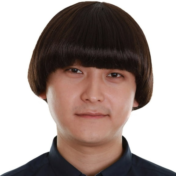 HPO Adult Men's Retro Bowl Cut Wig - Straight Hair Cosplay Costume Wig, Dark Brown