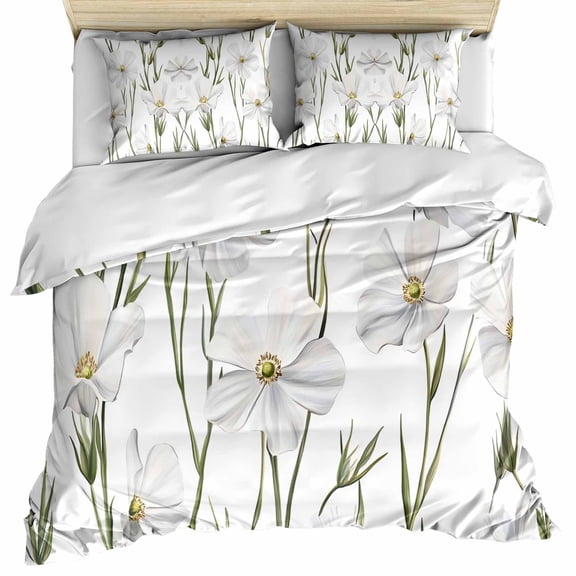 White Floral Bedding 3 Piece Duvet Cover Set Twin Size, Garden Floral Seasonal Botanical Blooms Soft Microfiber Comforter Cover with Zipper Closure & Pillowcases, Wrinkle & FadeResistant Quilt Cover