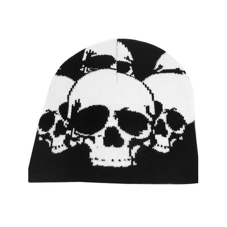 Unique Bargains Unisex Skull Head Print Stretchy Knitting Warm Beanie Hat Cap Black White