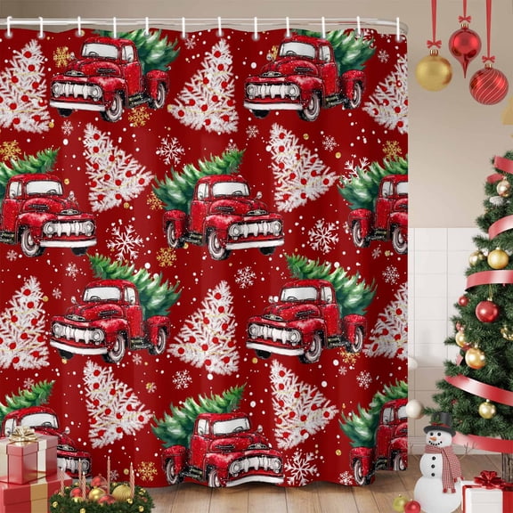 Red Truck Christmas Shower Curtain, Xmas Tree Snowflake Winter Waterproof Fabric Shower Curtains with 12 Hooks, Bathroom Curtain Set for Bathroom Accessories Decor, 36 x 72 Inches