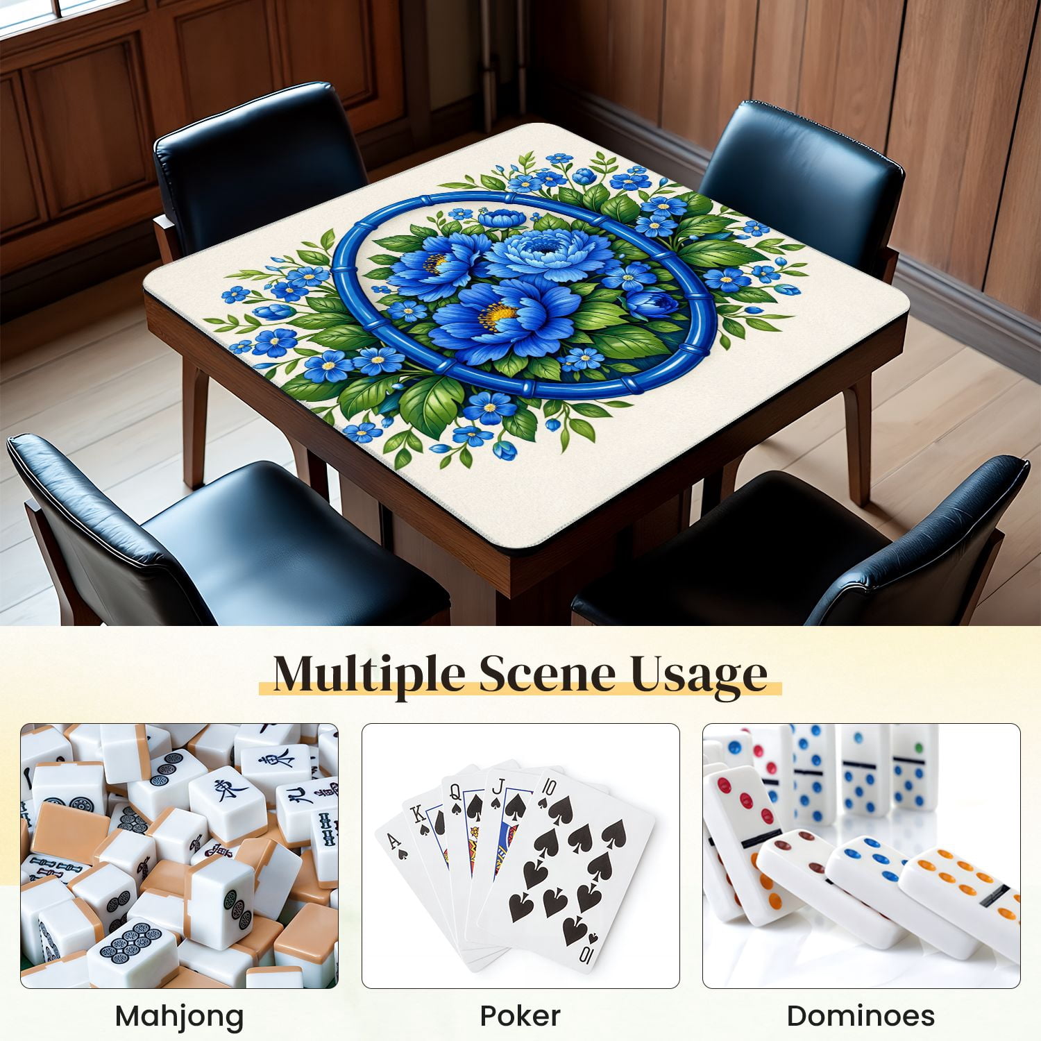 Mahjong Mat 31.5" x 31.5" Blue Floral Bouquet Oval Frame Vibrant Peonies Small Flowers Non-Slip Noise Reduction Mahjong Tiles Table Cover for Dominoes Poker Card Board and Tile Games