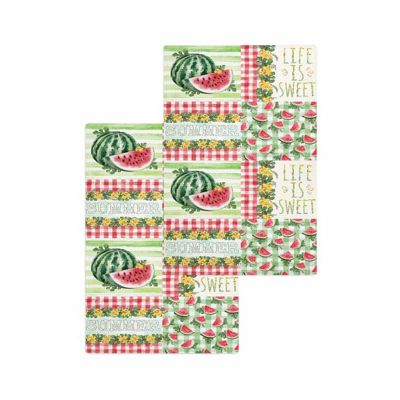 Red Watermelon Kitchen Dish Towels for Drying Dishes Set of 2, Summer Green Leaves Floral Retro Country Waffle Weave Microfiber Terry Hand Tea Bathroom Towels Quick Dry & Absorbent Towel 15.7x23.6