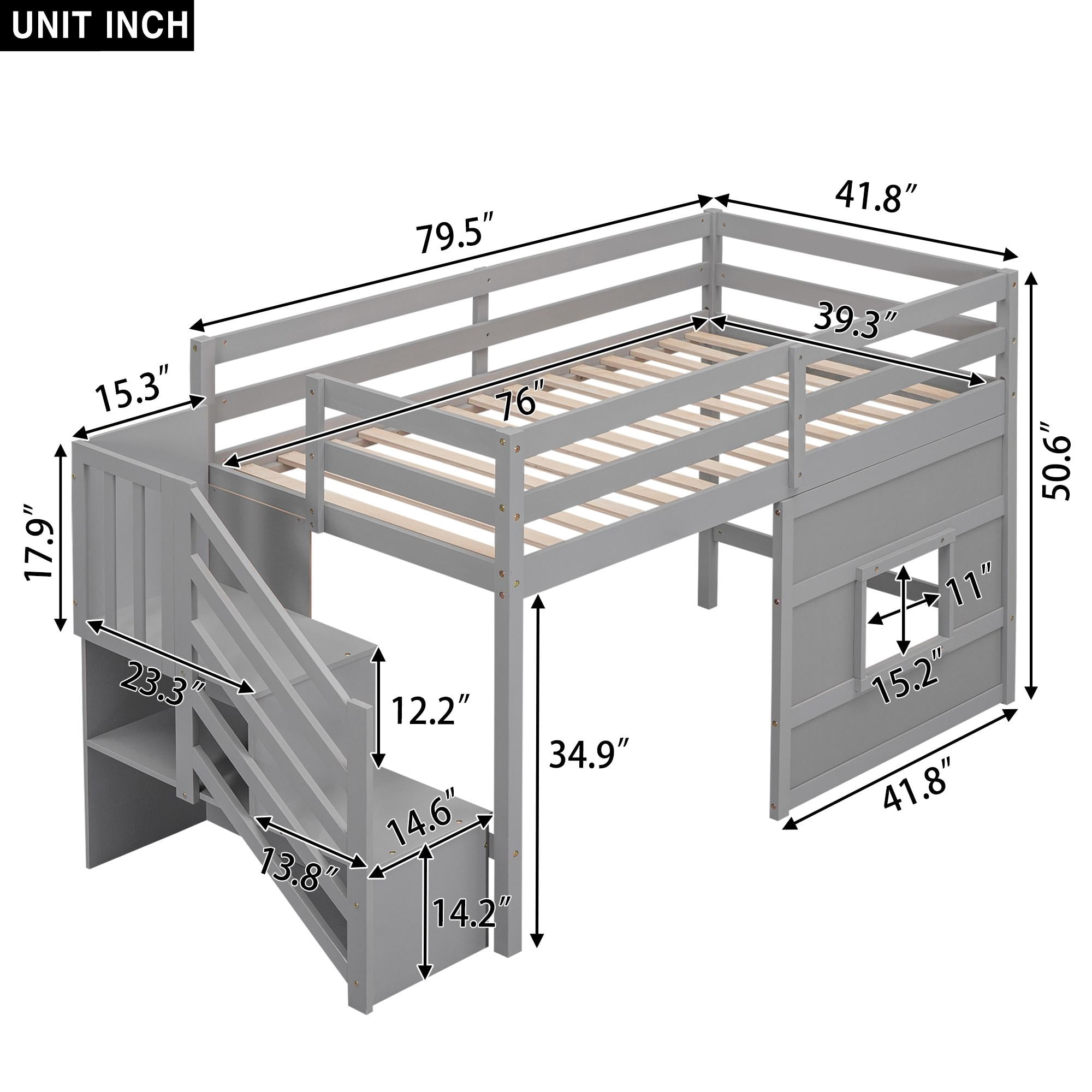 Bellemave Low Loft Bed with Stairs, Twin Size Loft Bed with LED Light and Storage Space, Wood Loft Bed Frame for Bedroom (Gray)