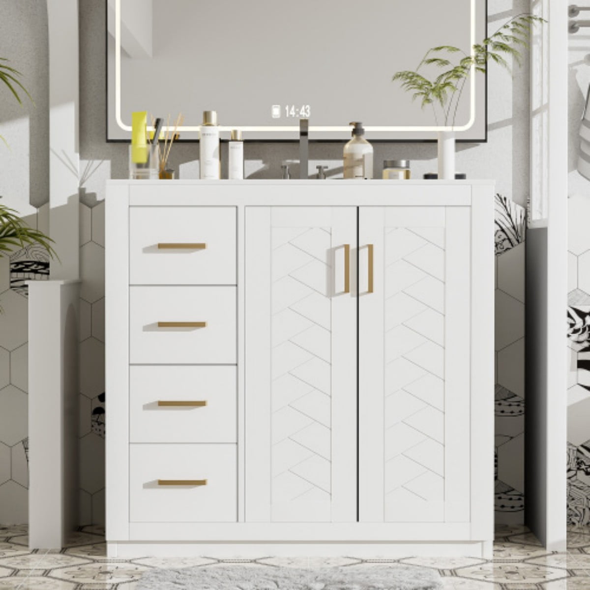 36" Bathroom Vanity with Sink, Freestanding Bathroom Vanity Cabinet with Ceramic Sink, Solid Wood Frame, 3 Drawers & Soft Close Doors, Modern Storage Cabinet, White