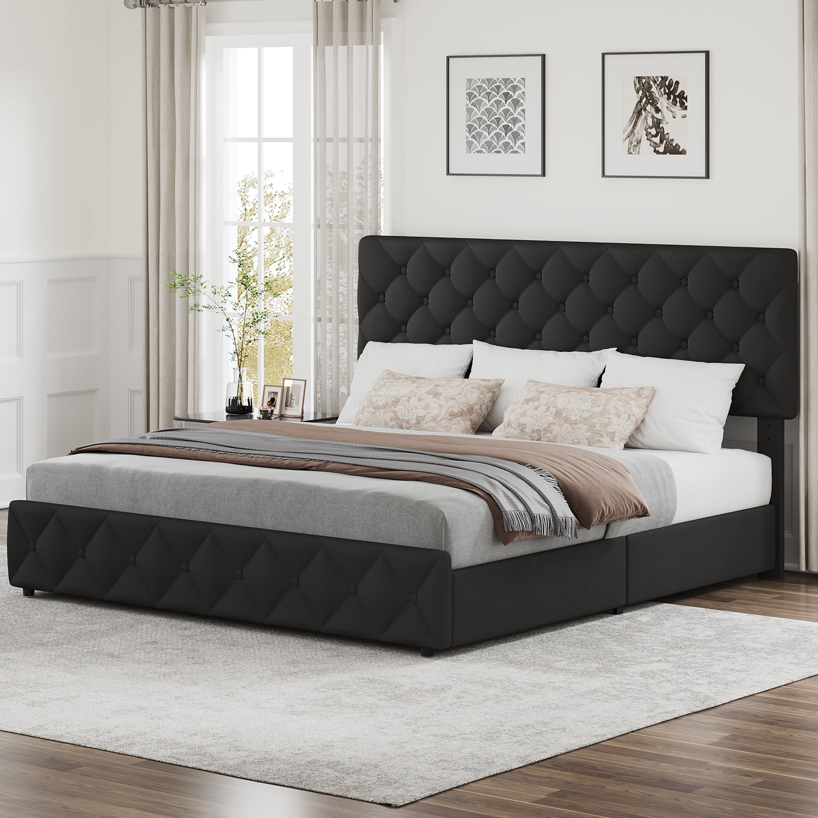 Upholstered Queen Platform Bed Frame with 4 Storage Drawers Adjustable Headboard, PU Leather Platform Storage Bedframe with Button Tufted, Wooden Slats Support, No Box Spring Needed, Noise-Free
