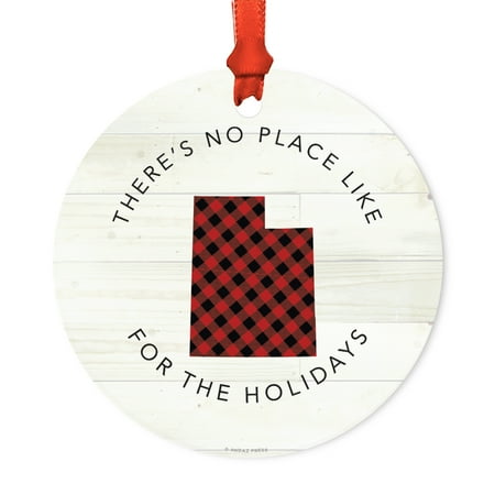 Rustic Plaid Christmas Decor US State Round Metal Christmas Ornament, Red Plaid on Light Rustic Wood, Utah, Includes Ribbon and Gift Bag ()