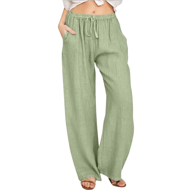 Women's Linen Palazzo Yoga Trousers - Elastic High Waist, Drawstring, Wide Leg - Breathable Polyester, Multiple Sizes