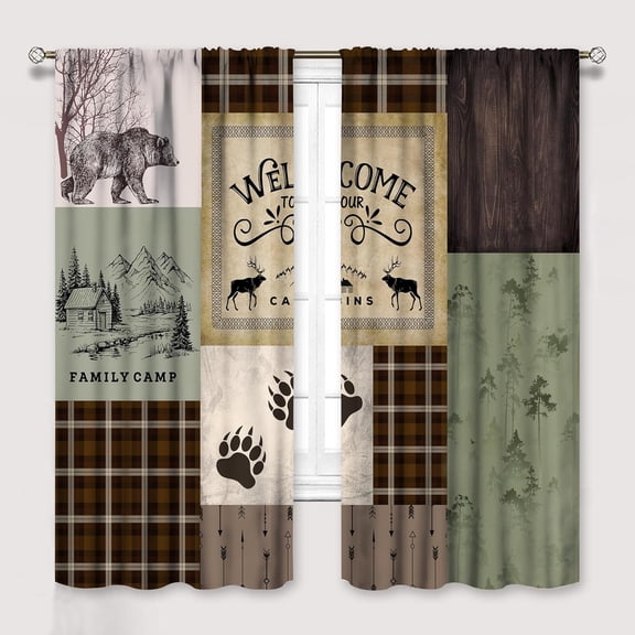Cabin Retro Curtains Rustic Lodge Window Treatments, Bear Deer Moose Wild Animals Curtains for Living Room, Plaid Check Adventure Farmhouse Drapes 2 Panel Sets,42x63 Inch