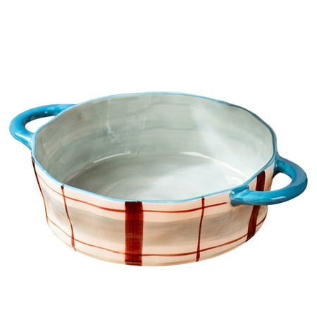 

Qeeadeea Ceramic Bowl With Handles Ramen Bowl shallow Bowl Large Pho Bowls Soup Bowl Microwave Safe Udon Noodle Bowl-blue and striped plaid-25x18x6cm 850ml