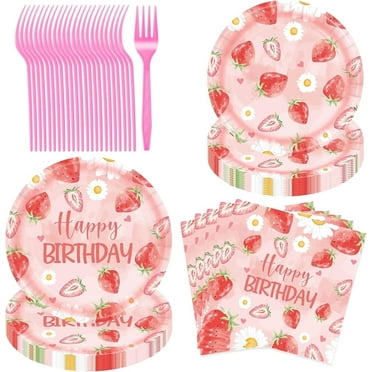 Jestar 96 Pcs Strawberry Theme Berry Birthday Party Plates Napkins Forks Supplies Summer Fruit Tableware Set Disposable, Serves 24