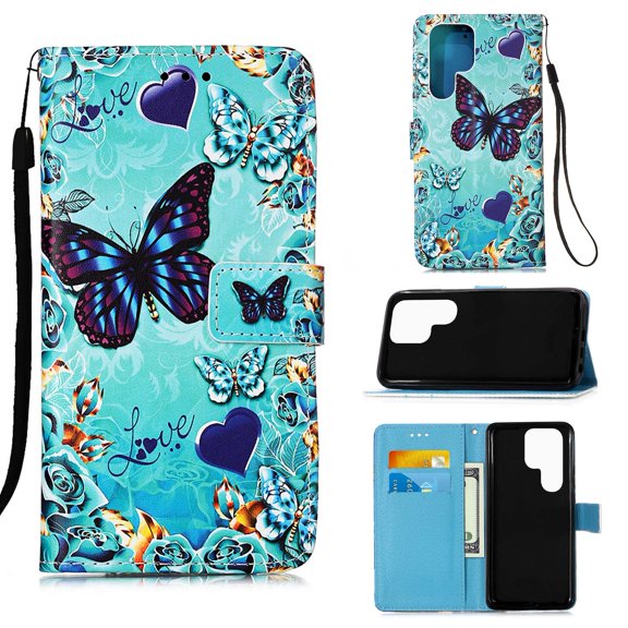 Dteck Case for Samsung Galaxy S23 Ultra, 3D Stylish Magnetic Painting PU Leather Wrist Strap Card Cash Slots Stand Feature Flip Cover, Butterfly