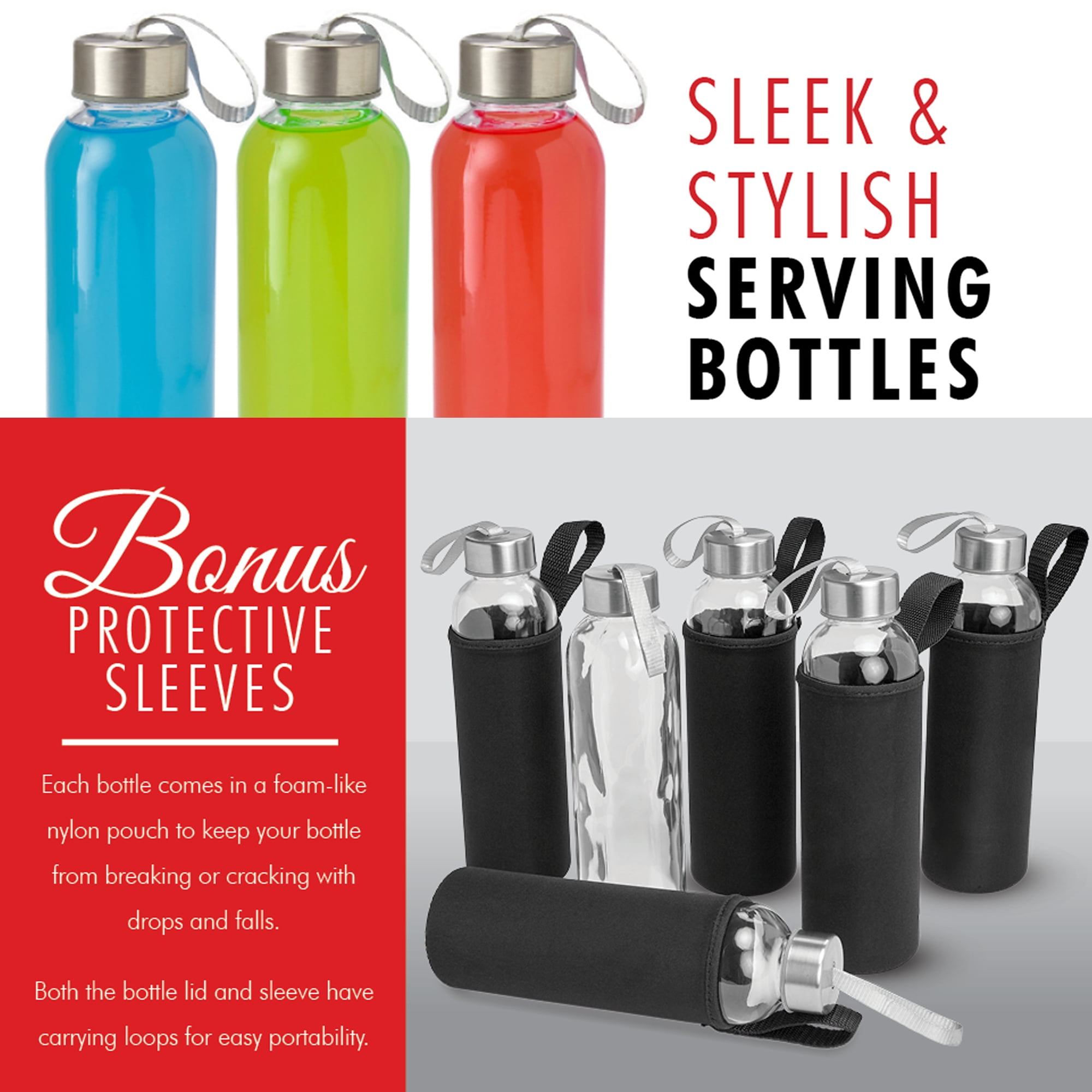 Kitchen Lux 18oz Glass Water Bottles – Pack of 4 Nylon Protective Sleeves,  Airtight Screw Top Lids, …See more Kitchen Lux 18oz Glass Water Bottles –