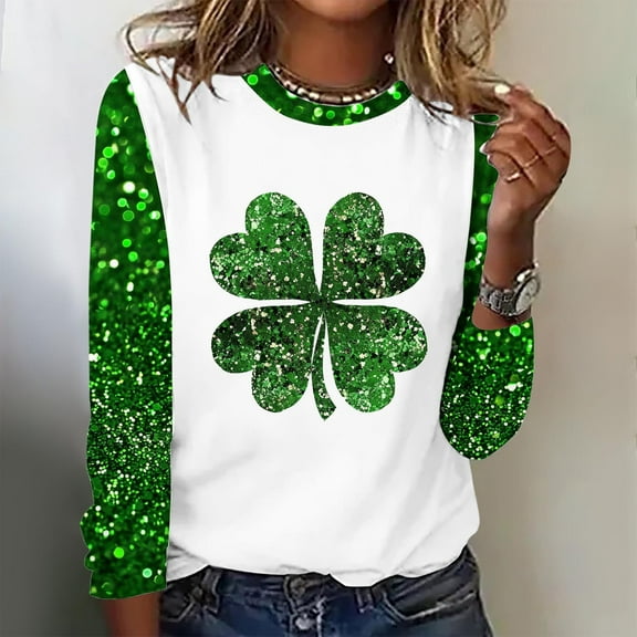 Cavosen St.Patrick's Day Dressy Tops for Women Long Sleeve Holiday Shamrock Green Print Tshirts Pullover Crewneck Festival Shirts Irish Vacation Novelty Tees Loose Tops M