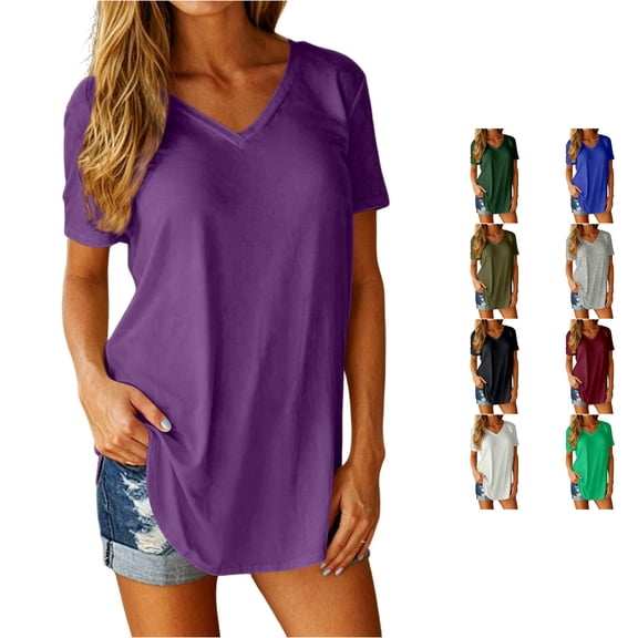 ZHOGXU Womens Summer T Shirt Short Sleeve V Neck Solid Color Comfortable Lightweight Breathable Tee Top For Casual Daily Wear,Purple,Xxxxxl