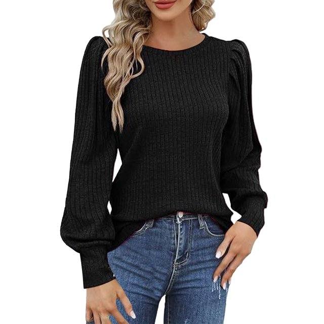 Prolriy Hauts d'Été pour Femmes 2025 T-Shirt Décontracté à Manches Longues Col Rond Tricoté Ample Printemps pour Femmes Noir P
