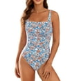 thumbnail image 2 of One Piece Swimsuit Women Tummy Control Floral Print Square Neck Push Up High Waisted Bathing Suit Ruched Summer Beach Comfortable Swimwear Blue L, 2 of 8