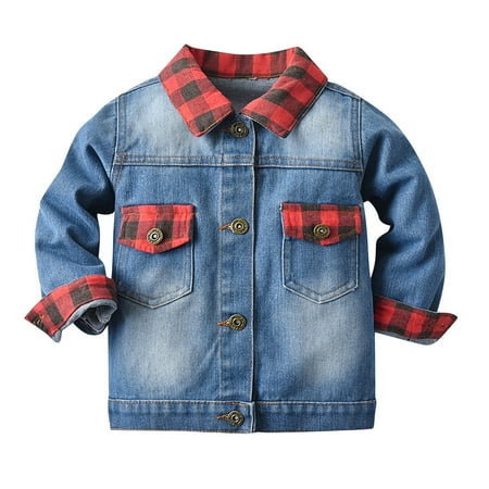 

EHTMSAK Infant Baby Boy Fall Winter Button Up Jackets Toddler Child Denim Long Sleeve Plaid Outerwear High Neck Pockets Coat Blue 3M-6Y 130