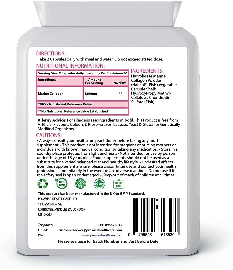 Marine Collagen Type 1 and Type 2 1200mg - 60 Capsules | UK Manufactured by Prowise Healthcare