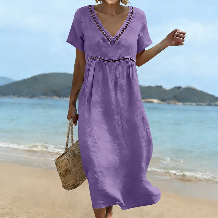 Miluxas Women's Solid Lace Trim V Neck Midi Dress Spaghetti Strap Sleeveless / Short Sleeve Flowy A Line Dress for Summer Vacation Travel Purple-A