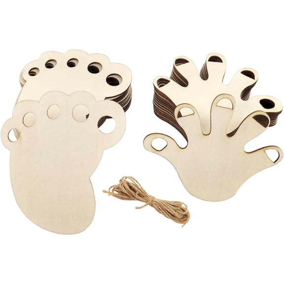 30 Pack 4 Inch Wood Baby Foot & Hands Cutouts Wooden Baby Foot & Hands Hanging Ornaments DIY Baby Craft Foot & Hands Gift Tags for Home Party Decoration Craft Project