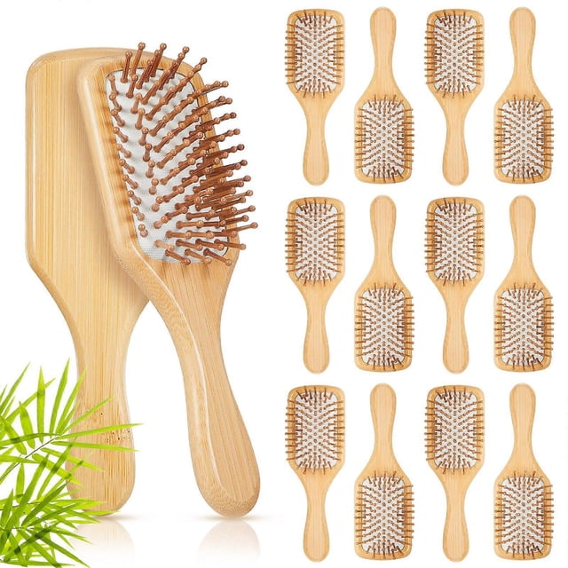 Juego de 12 cepillos de bambú para el cabello, cepillos de madera con cerdas antiestáticas para un suave masaje del cuero cabelludo.