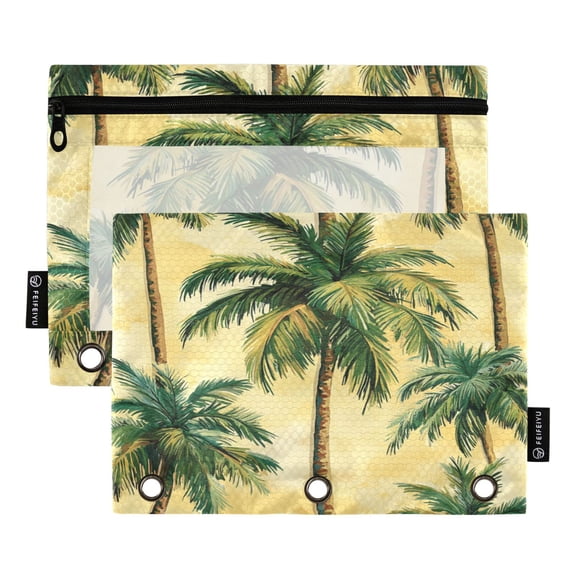 2 Pack 3 Ring Binder Pouch with Clear PVC Window Water Resistant Zipper Pencil Pouch Palm Trees on Yellow Binder Pocket for Classroom Office Home Stationery Organization