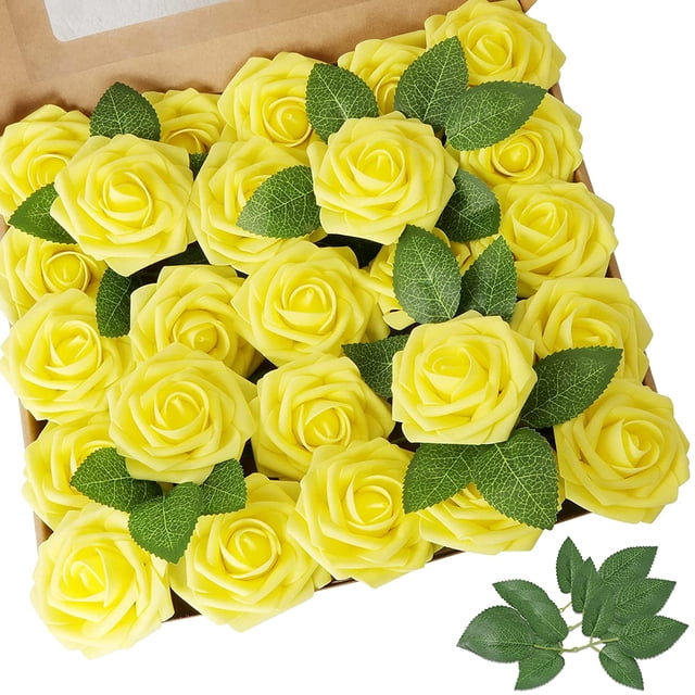 Fleur Artificielle Rose Rouge 25 Pcs/50 Pcs Fausses Roses Réalistes avec Tige pour Bouquets de Mariage DIY Centres de Table Décorations de Fête de Bébé Maison-Jaune