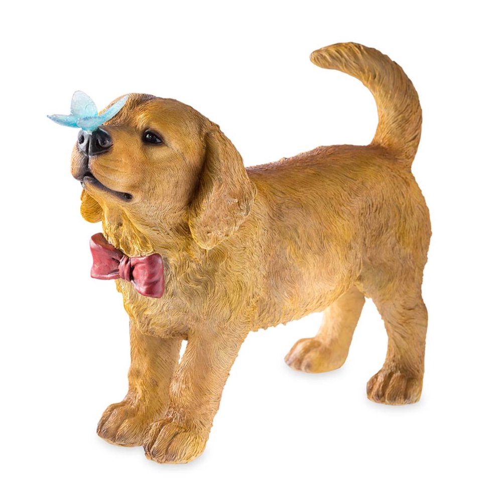 Golden Retriever Puppy Dog Garden Statue with SolarPowered Blue