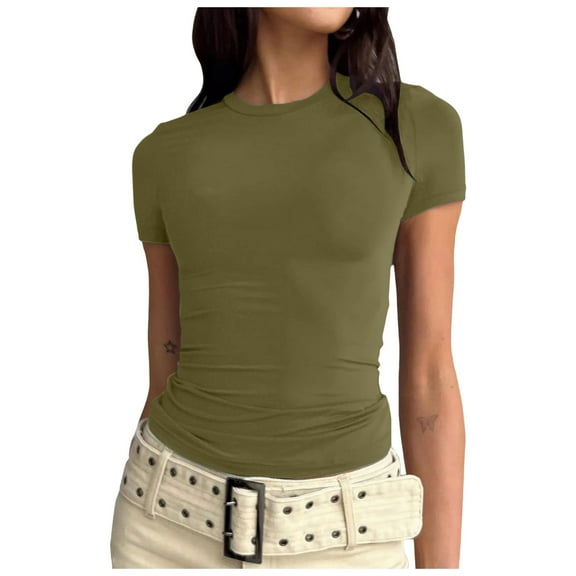 MNCEKFOD Womens Basic T Shirts Slim Fit Short Sleeve Tshirts Round Neck Crop Outing Layered Classic Fit Tee Shirts Army Green L