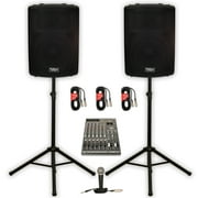 Podium Pro PP1502A Powered 15" PA DJ Speaker Pair with 12 Channel Mixer Mic Stands and Cables
