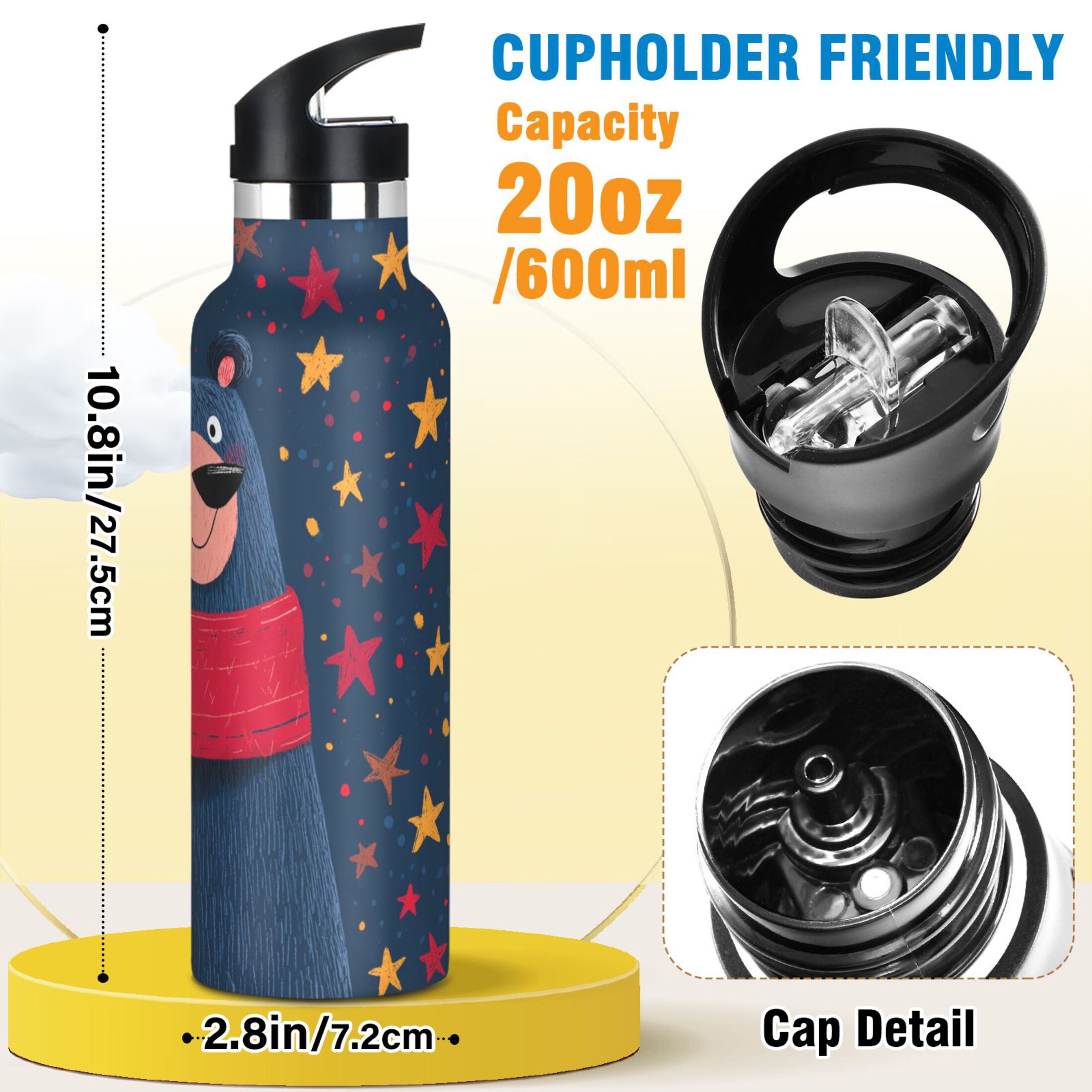 600ML Stainless Steel Insulated Cup Sports Water Bottle Portable Thermos Cup Water Glasses Insulated Tumblers Convenient and Durable Christmas Blue Cartoon Bear