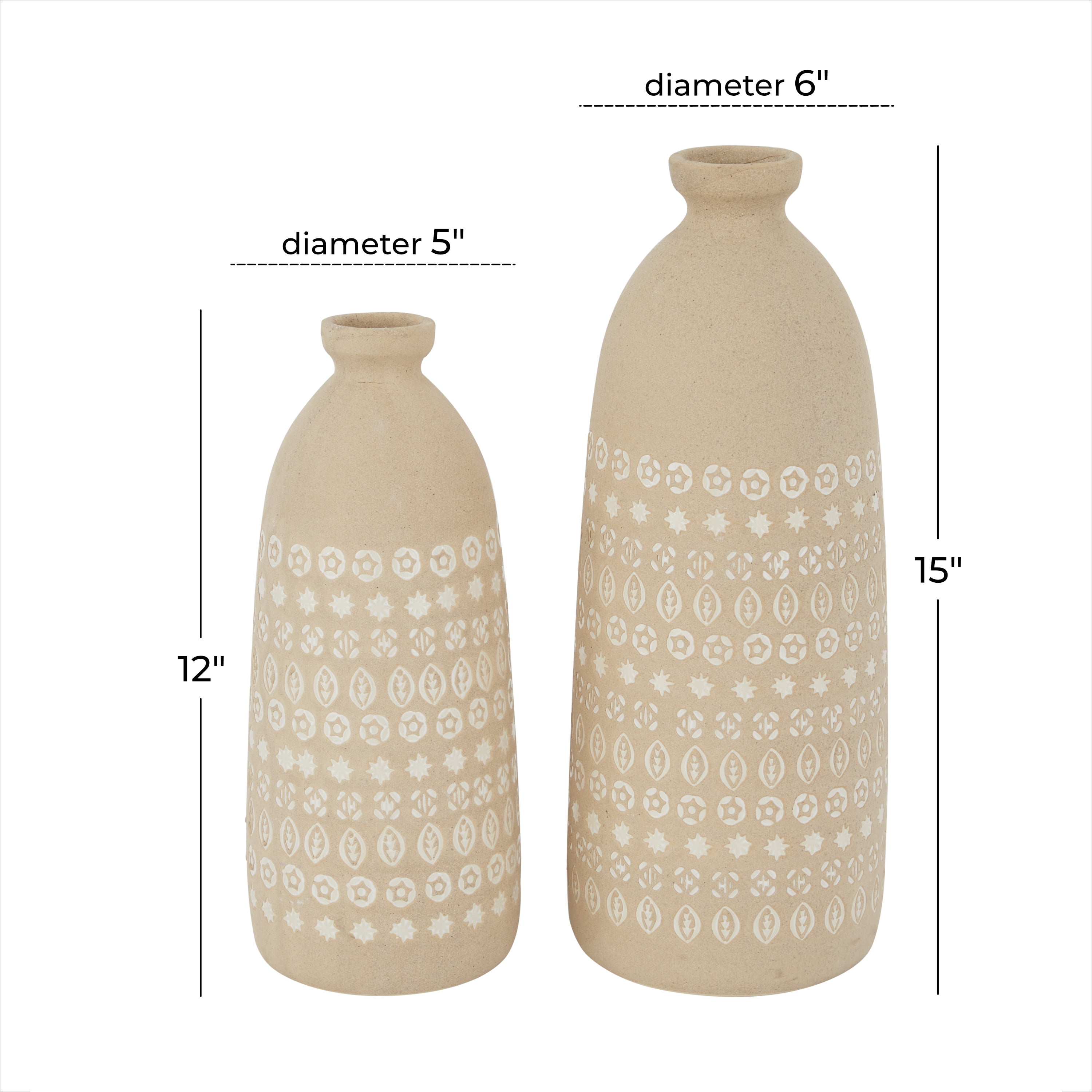 DecMode 15", 12"H Handmade Beige Ceramic Vase with Star Patterns, Set of 2