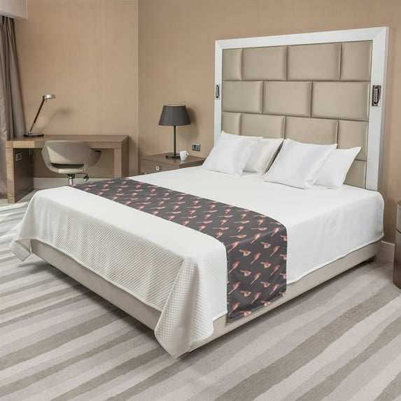 Bird Bed Runner, Repetitive Crested Fly Friend Simple Cartoon Illustration Flying Animal, Decorative Accent Bedding Scarf for Hotels Homes and Guestrooms, King, Peach Dried Rose and Grey, by Ambesonne
