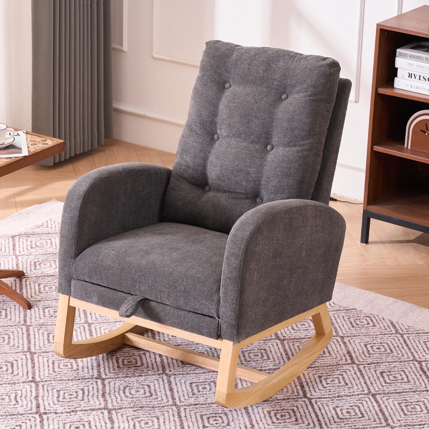 Nursery Rocking Chair with Footrest, Modern Rocking Accent Chairs with Side Pocket and Silent Rocking Motion, 20.87" Deep Seat for Living Room, Bedroom, Offices, Gray
