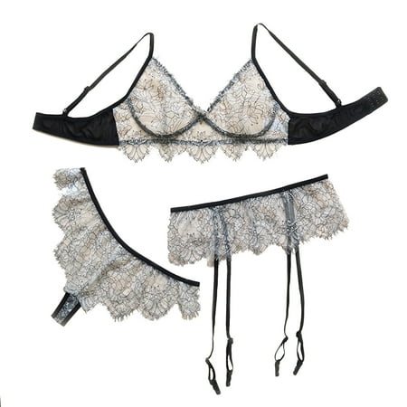 

EHTMSAK Bra and Panty Set for Women Lace with Garter Underwear Tops and Panty Pajamas Sleepwear 3 Piece White S