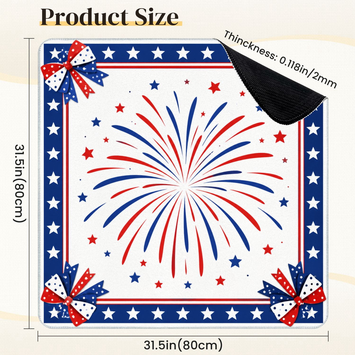 Mahjong Mat 31.5" x 31.5" Red White Blue Patriotic Fireworks Star Border Decorative Bows Non-Slip Noise Reduction Mahjong Tiles Table Cover for Dominoes Poker Card Board and Tile Games