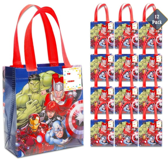 Avengers Party Favor Bag Set – 12 Pack Marvel Party Goodie Bags for Kids Bulk Reusable Mini Totes | Marvel Avengers Birthday Party Supplies