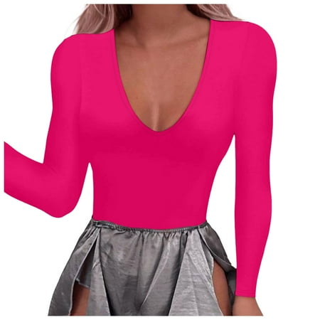 BYHONG Women s Long Sleeve Bodysuit: Sexy Deep V Neck Double Lined Thong Body Suit Tops for Going Out Corset Tops for Women Red Corset Tops for Women S