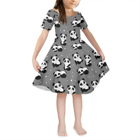 

NETILGEN Cute Panda Print Pattern Little Girl Dresses Stylish Casual Sleeve Skater Sundress for Outdoor Activities Suit 3-4 Y