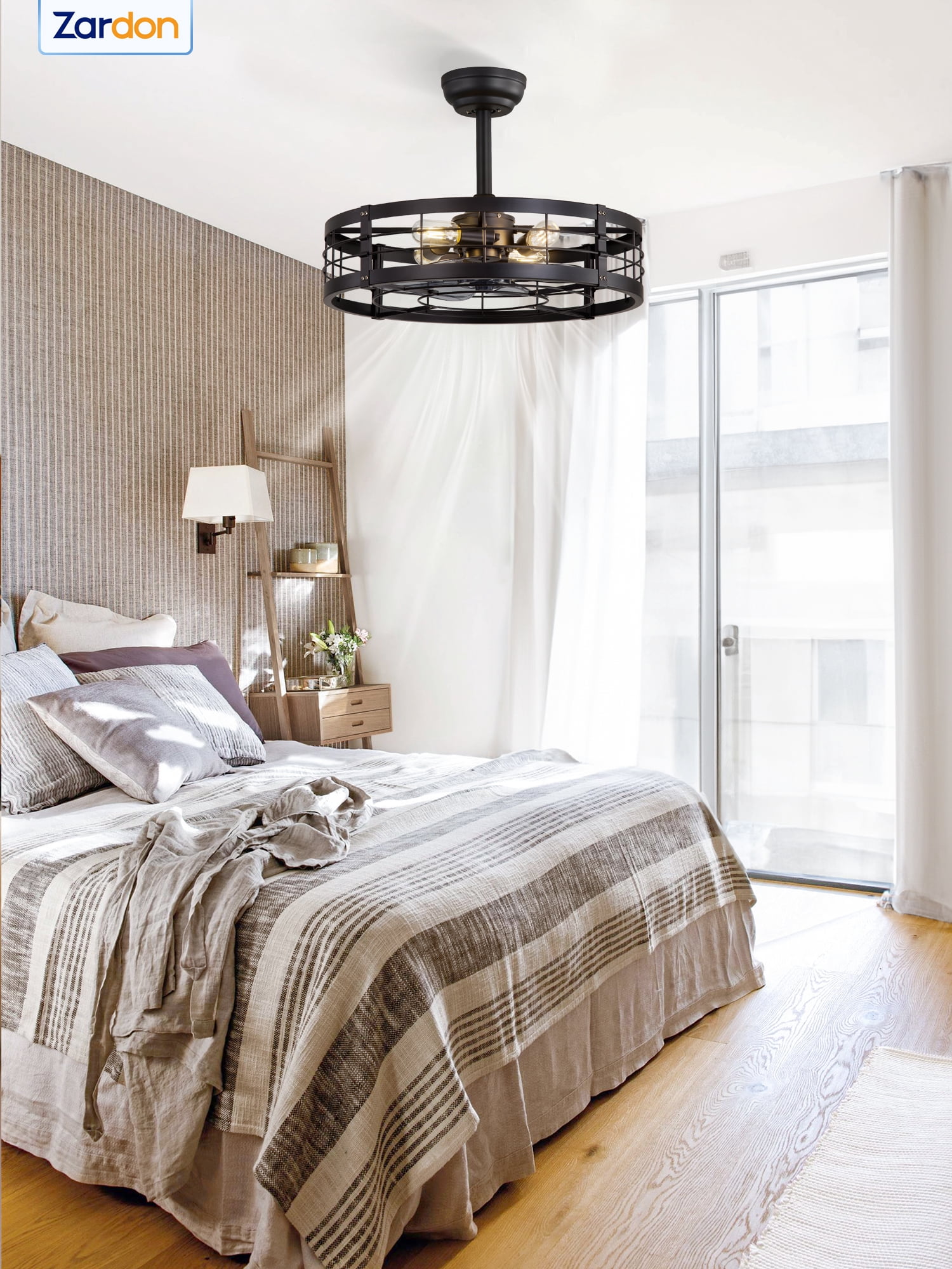 Zardon 22" Matte Black Cage Ceiling Fan with Light, Farmhouse and Bladeless with Timer, 6 Speeds, Ultra Quiet 30dB for Bedroom, Kitchen, Living Room