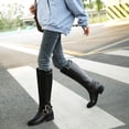 thumbnail image 4 of Bottes Plates pour Femmes Hauteur Genou Bout Rond Fermeture Éclair avec Doublure en Fourrure, Cuir Mat Talon Bas Bloc Style Western Bottes Hautes Boucle Style Cowboy Mode Chaudes pour Chaussures d'Hiver pour Femmes Filles, 4 of 6