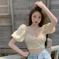 thumbnail image 3 of OUSITAID Femmes V Col Imprimé Floral Doux Exposé Nombril Bouffée Chemise à Manches Courtes Chemisier, 3 of 6
