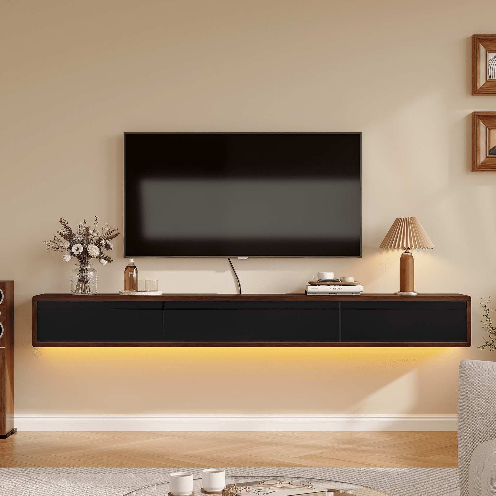 FloatiCasa 70" Floating TV Stand Wall Mounted Floating TV Shelf for TVs up to 75" Floating TV Console with 3 Flip-down Door